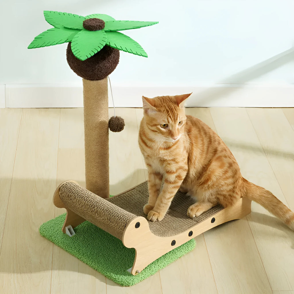 Wooden beach chair style cat climbing frame with integrated scratch board and raised cat bed.