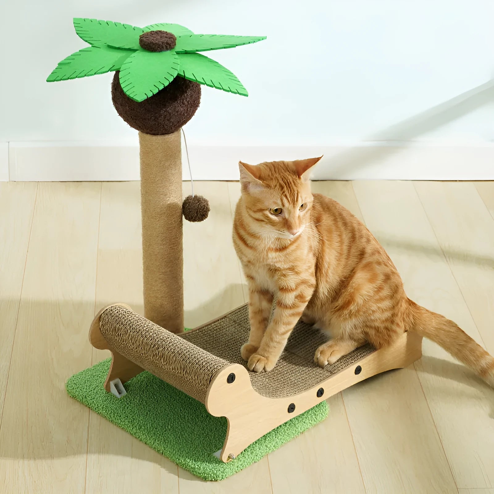 Wooden beach chair style cat climbing frame with integrated scratch board and raised cat bed.