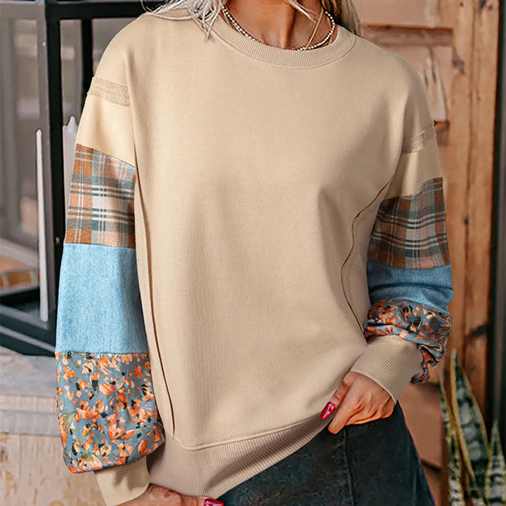 Beige and red plaid stitching women's long-sleeved loose-fit polyester top.