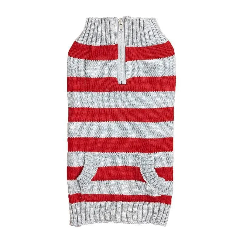 Blue dog sweater with horizontal zipper, side pocket, and contrast trim on a small dog.
