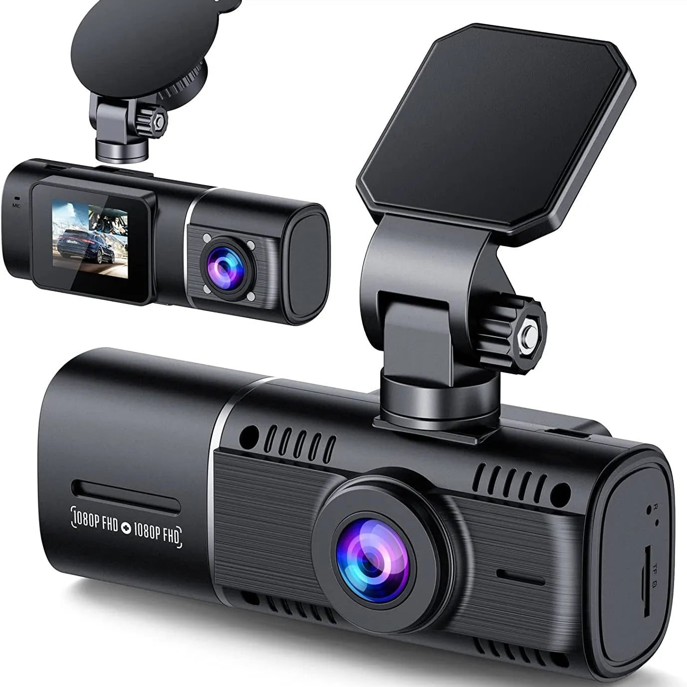 Black dual-lens car dash cam with 1.5-inch screen, mount, and car charger on a dashboard.