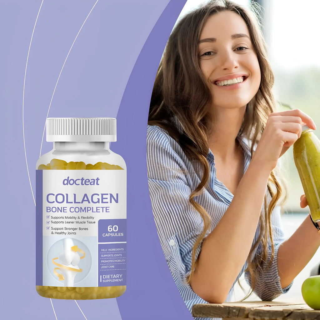 Bottle of marine collagen capsules with vitamins C, D3, K2 and calcium - 60 count