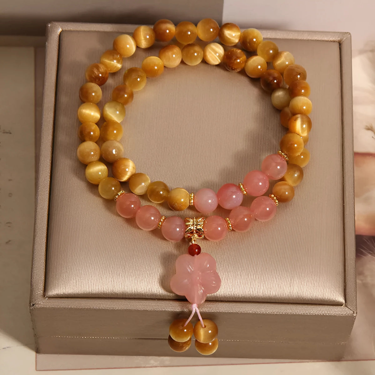 Tigereye double ring bracelet for women with crystal, agate flower, pearl, rhinestone and sequin elements