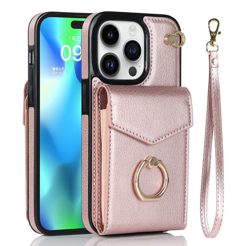 Handmade PU leather wallet phone case with card slot and kickstand in Black for Apple iPhone