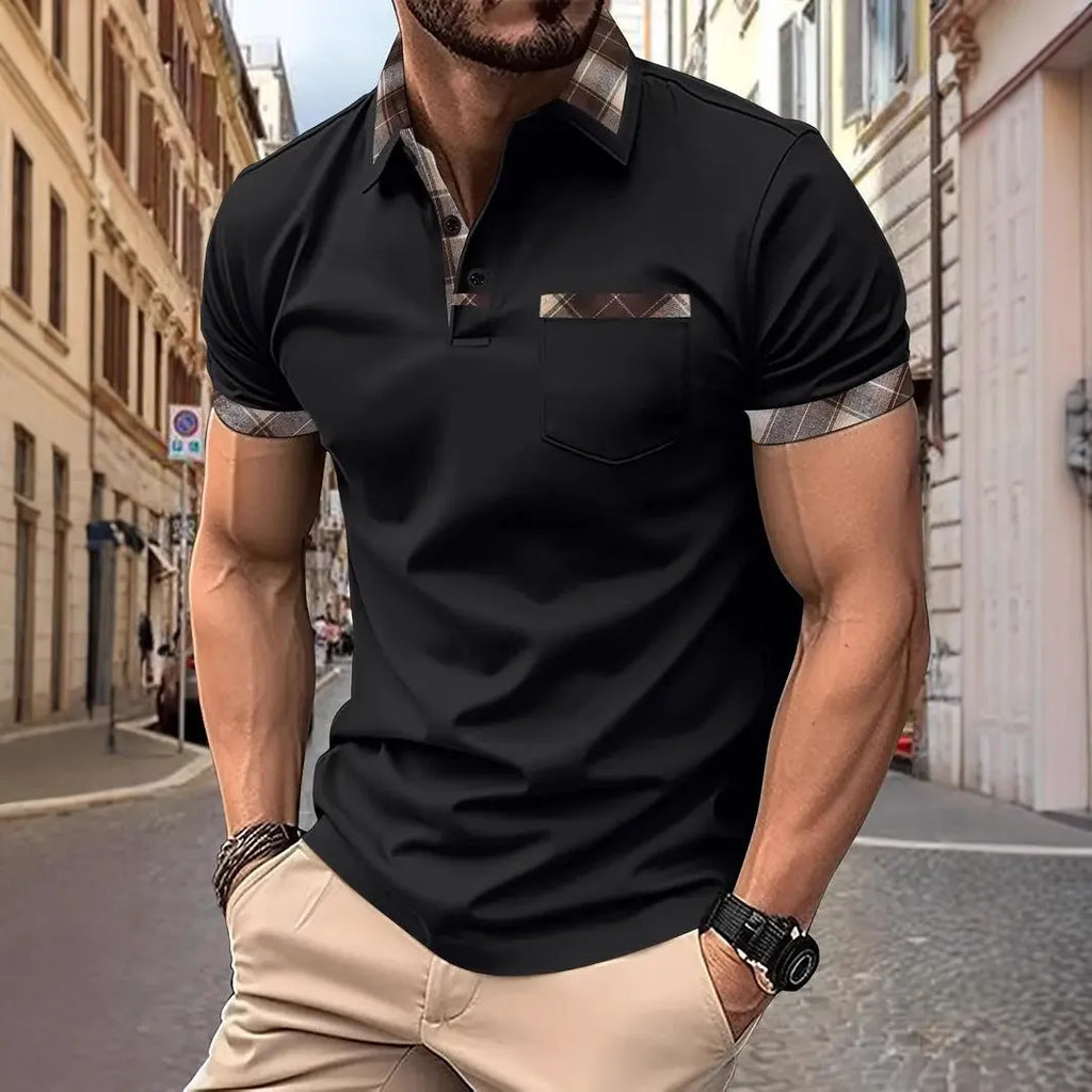 Man wearing a short sleeve plaid colourblock T-shirt with zipper detail on a white background.