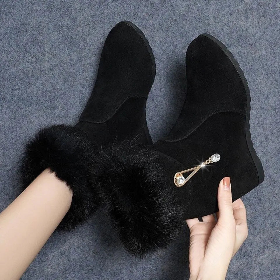 Women's height increasing insole snow boots, black fur upper, sizes 35 to 40, side view
