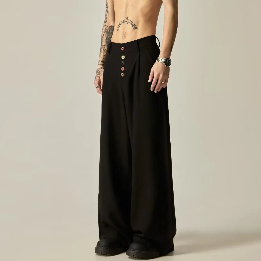 Men's solid colour cotton blend wide-leg casual trousers on a hanger, showing the straight-leg cut and button fly.