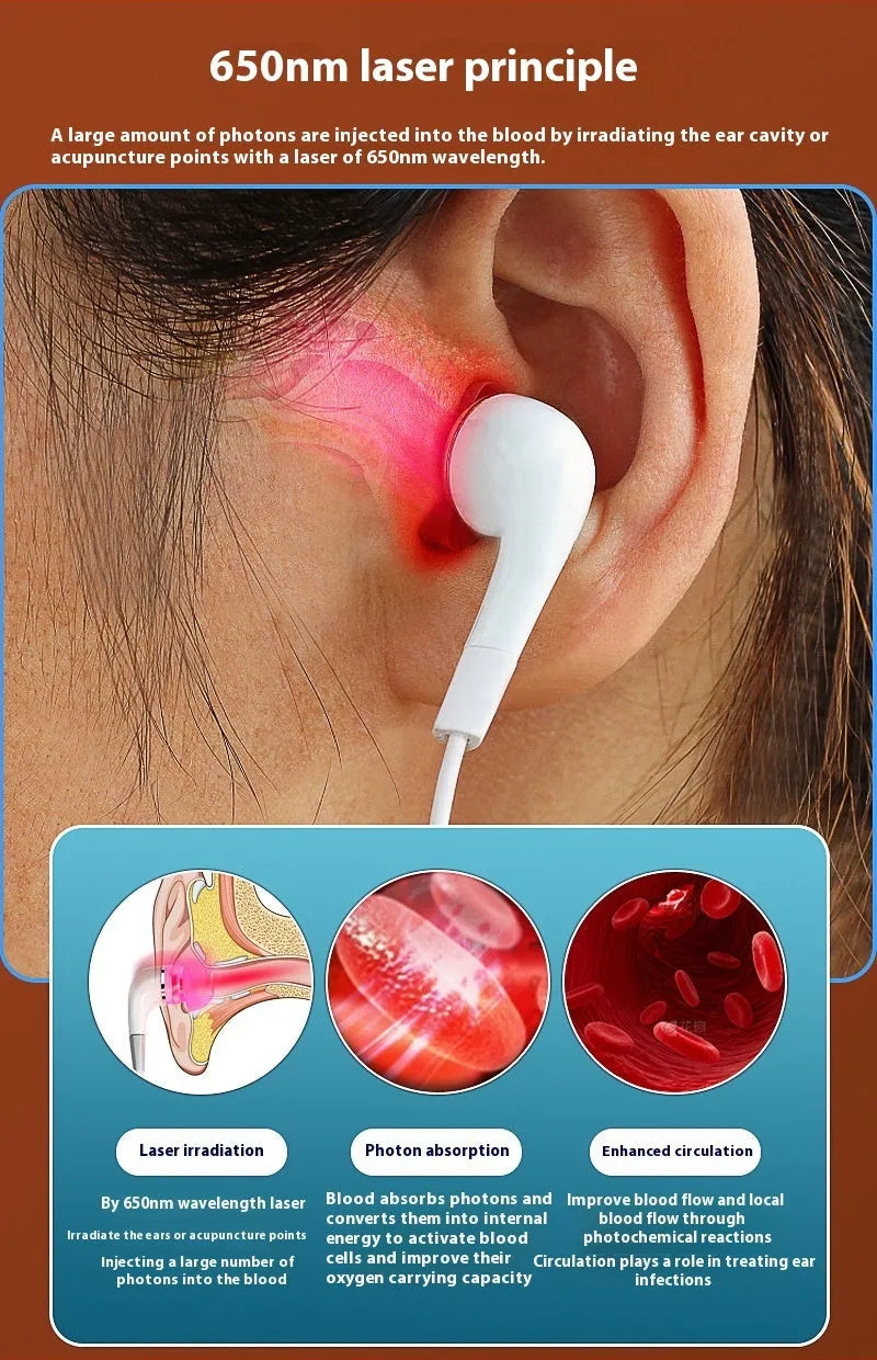 White portable 650nm laser otitis meter, 0.5W ABS ear physiotherapy device with button or touch pad control and silicone ear caps