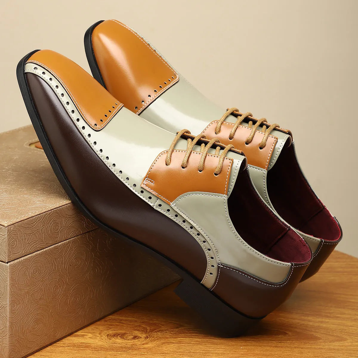 Men's leather shoes in three colours with stitching detail on artificial PU upper and leather toe cap