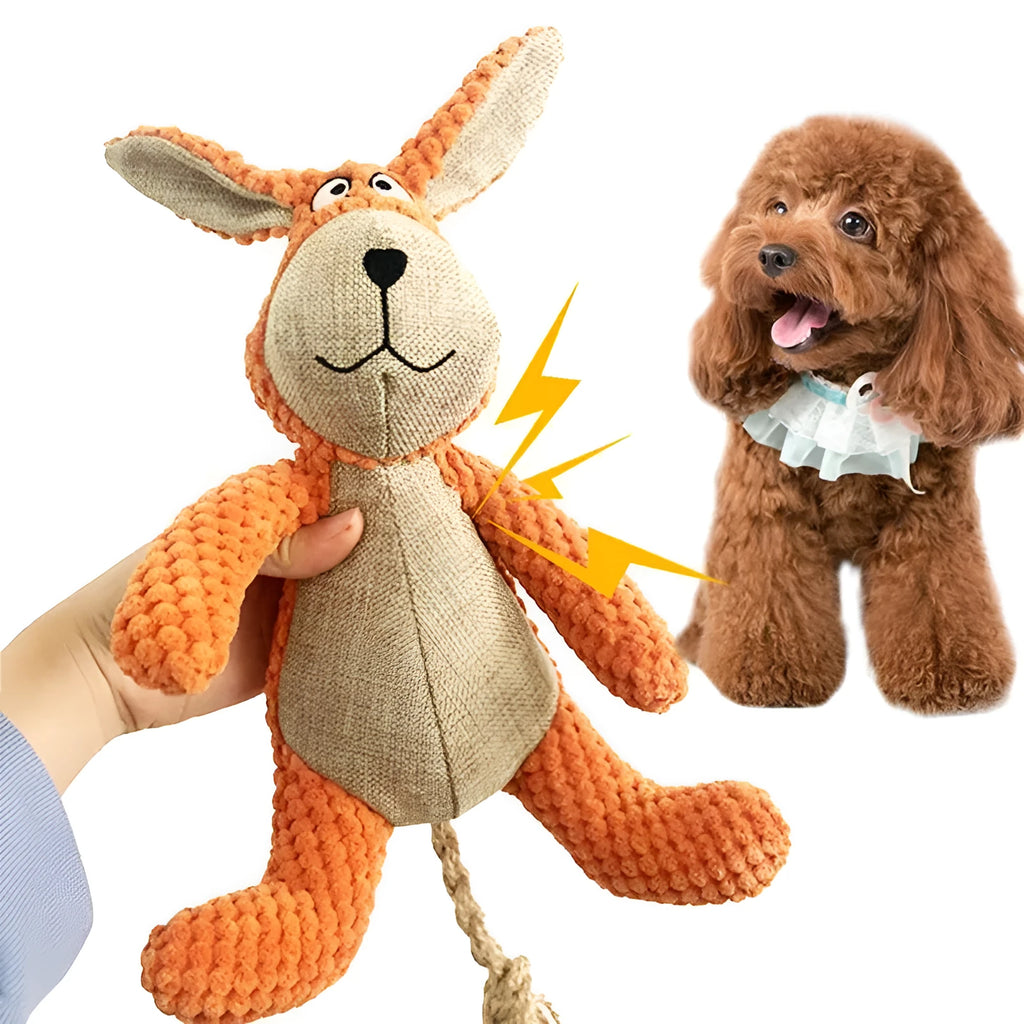 Four animal-shaped dog plush toys: donkey, elephant, orangutan and rabbit designs with squeakers