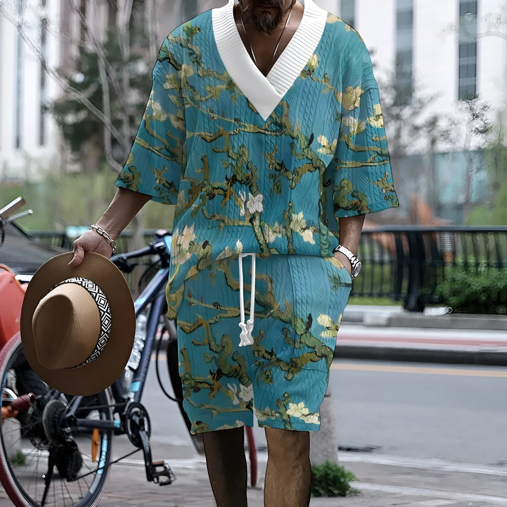 Men's peacock blue casual shorts suit set with printed T-shirt and matching trousers