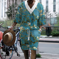 Men's peacock blue casual shorts suit set with printed T-shirt and matching trousers