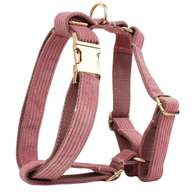Corduroy dog collar and leash set with matching vest, bow, and poop bag holder accessories