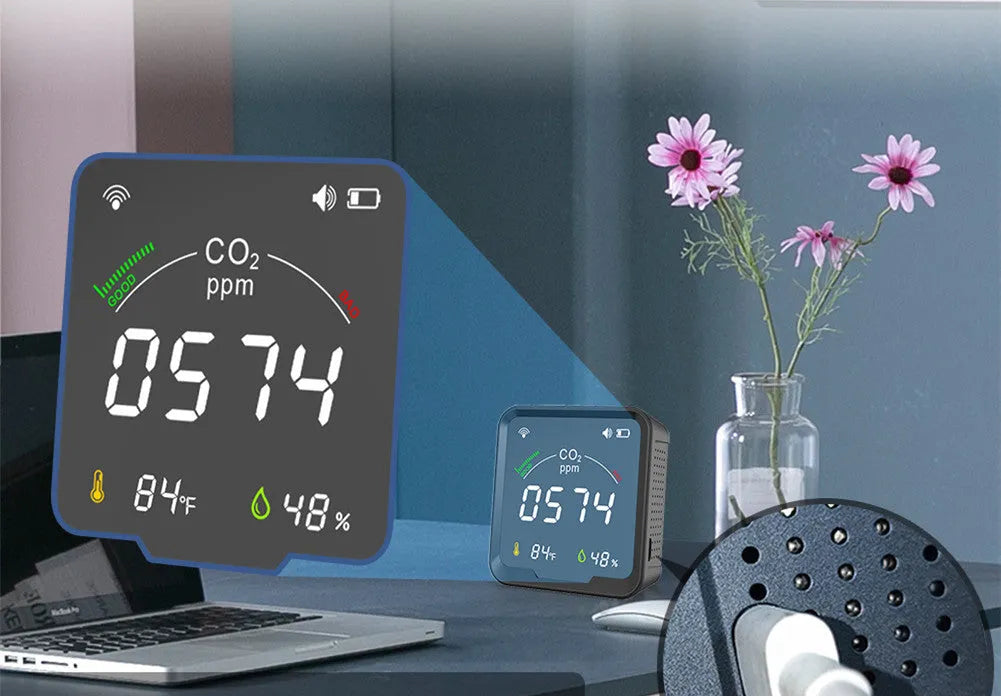 Front view of black LED colour screen WiFi temperature humidity and CO2 sensor with display