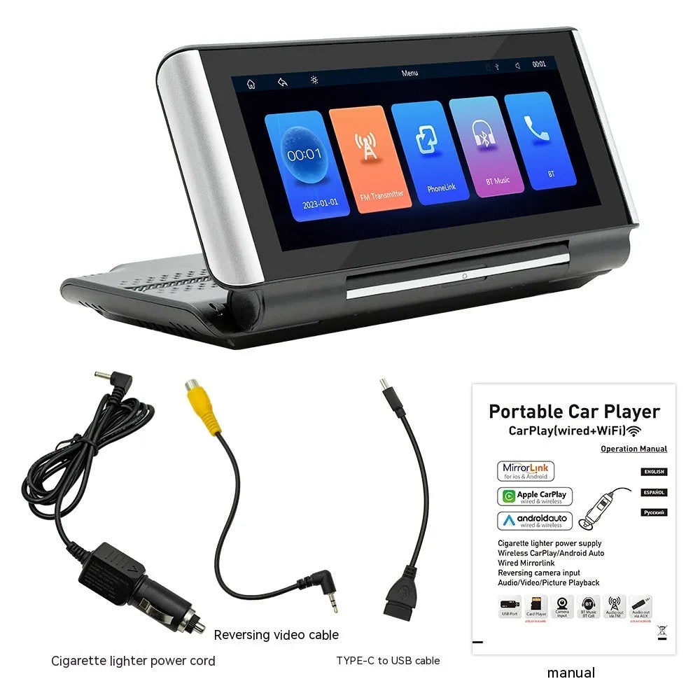 6.86 inch dashboard-mounted car MP5 player with wireless CarPlay on a black plastic unit.