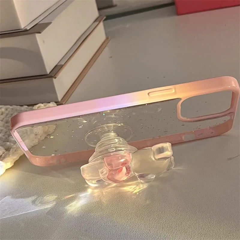 Simple Bear Bracket Silicone Phone Case in white with epoxy pink edge stars and love bear bracket, compatible with iPhone models