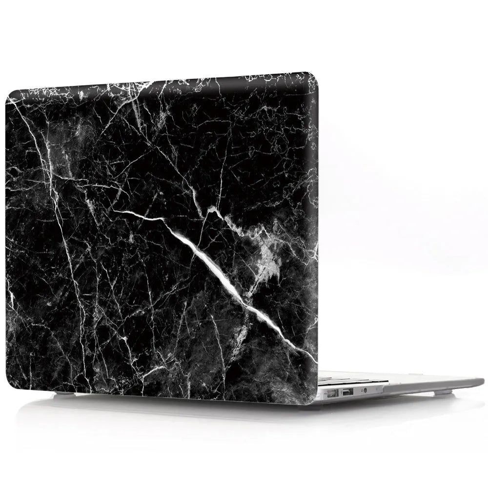 Plastic MacBook protective case in marble pattern showing front and side views