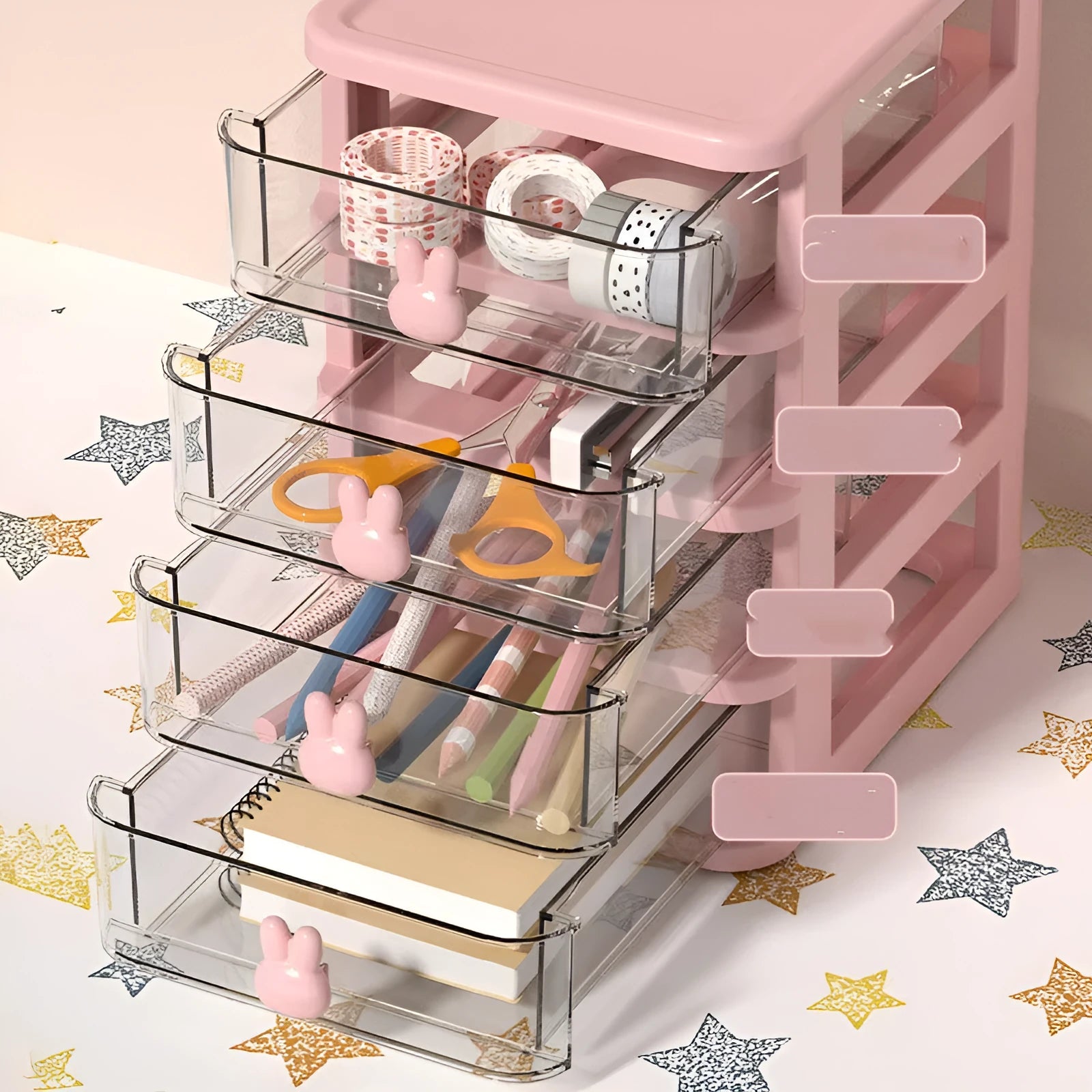 Pink rabbit cartoon desktop storage box with 4L capacity PP plastic drawer-type organizer for children's hair clips