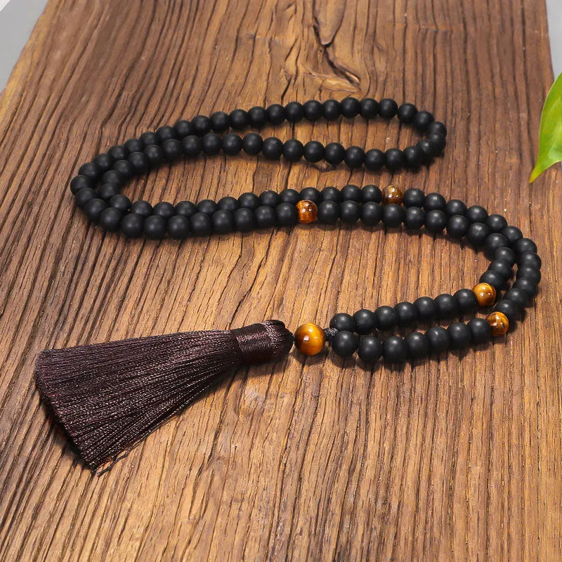 Tigereye stone beaded necklace and bracelet set with drop pendant and tassel detail