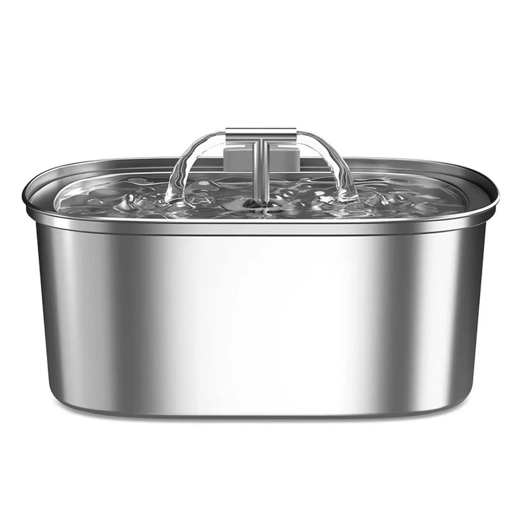 Stainless steel pet water dispenser with round basin and window faucet for dogs and cats.