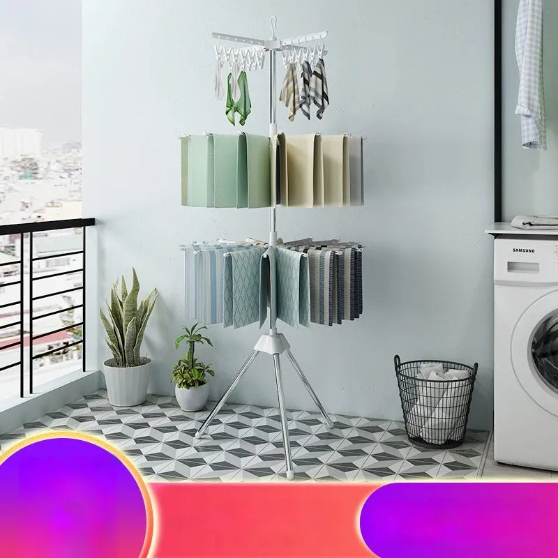 Mobile stainless steel triple-layer drying rack with plastic clips for socks, trousers, and ties