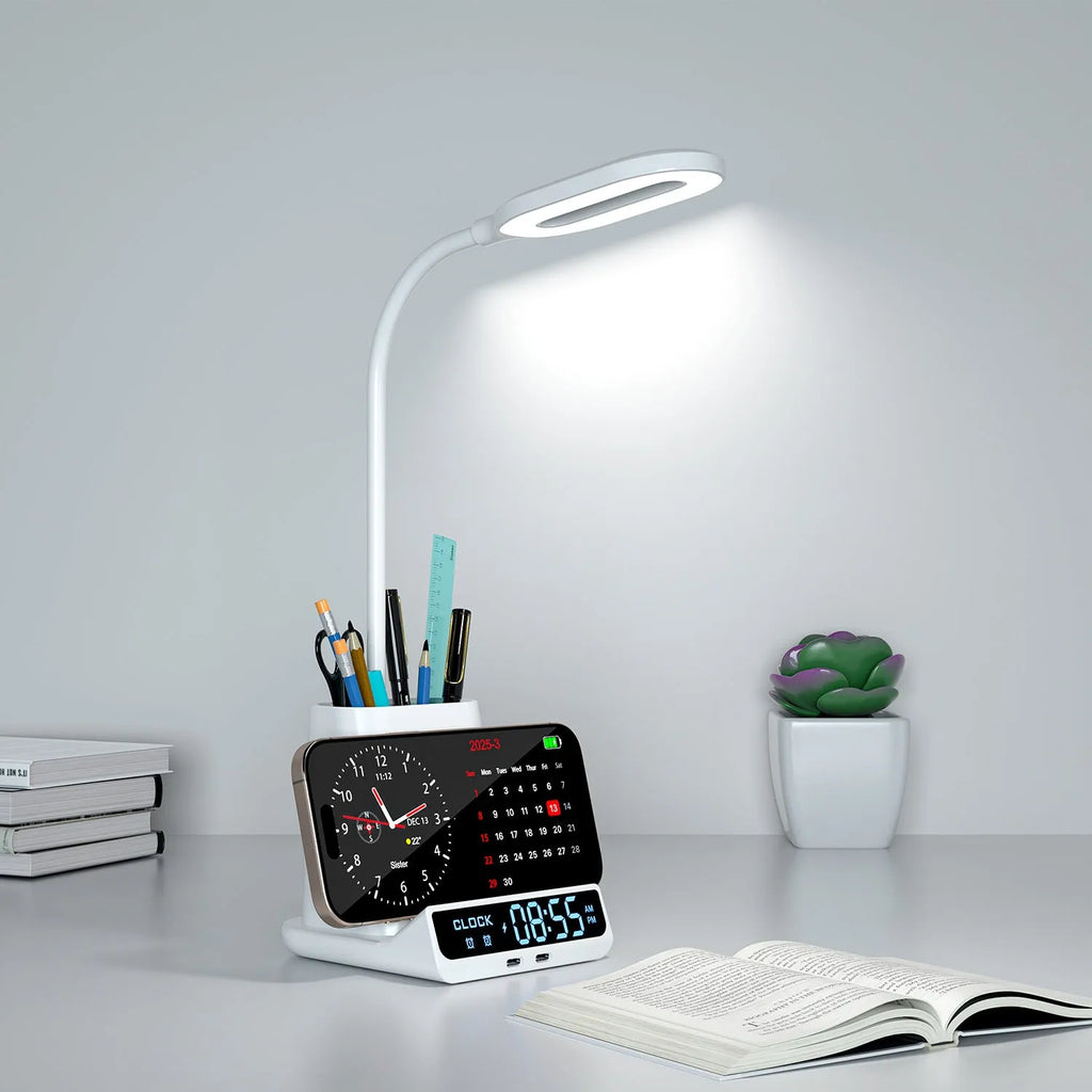 Modern desk lamp with integrated wireless charging pad, pen holder, and storage compartment.