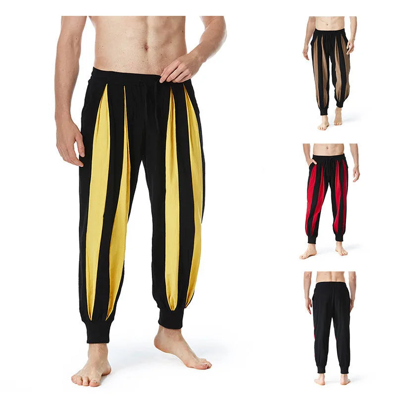 Men's straight-leg casual trousers in polyester available in red, khaki, yellow, and brown colours