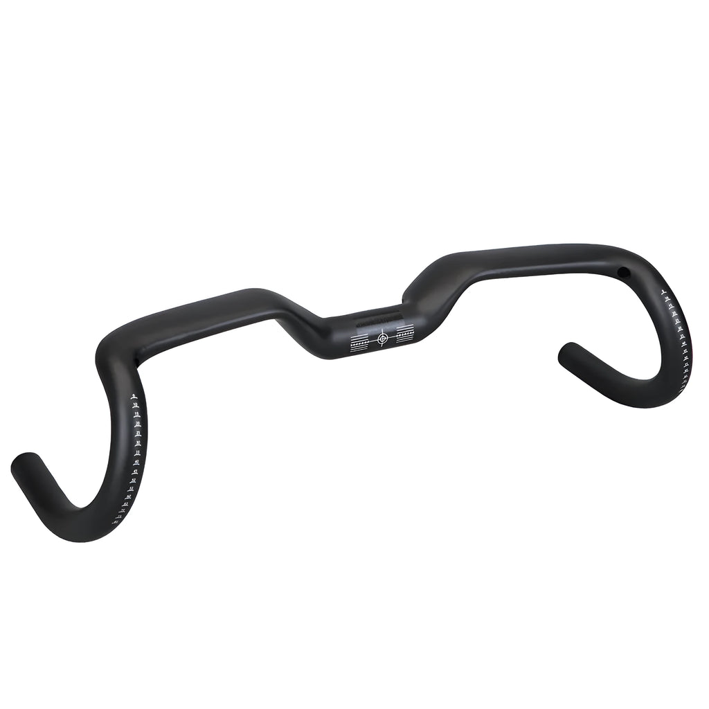 Black carbon fibre road bike handlebars showing large outer swing angle design