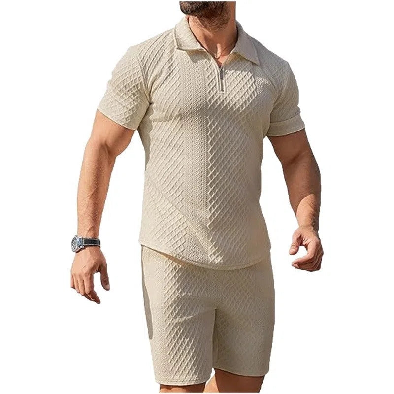 Men's casual two-piece suit with short-sleeve polo top and shorts in five colours polyester