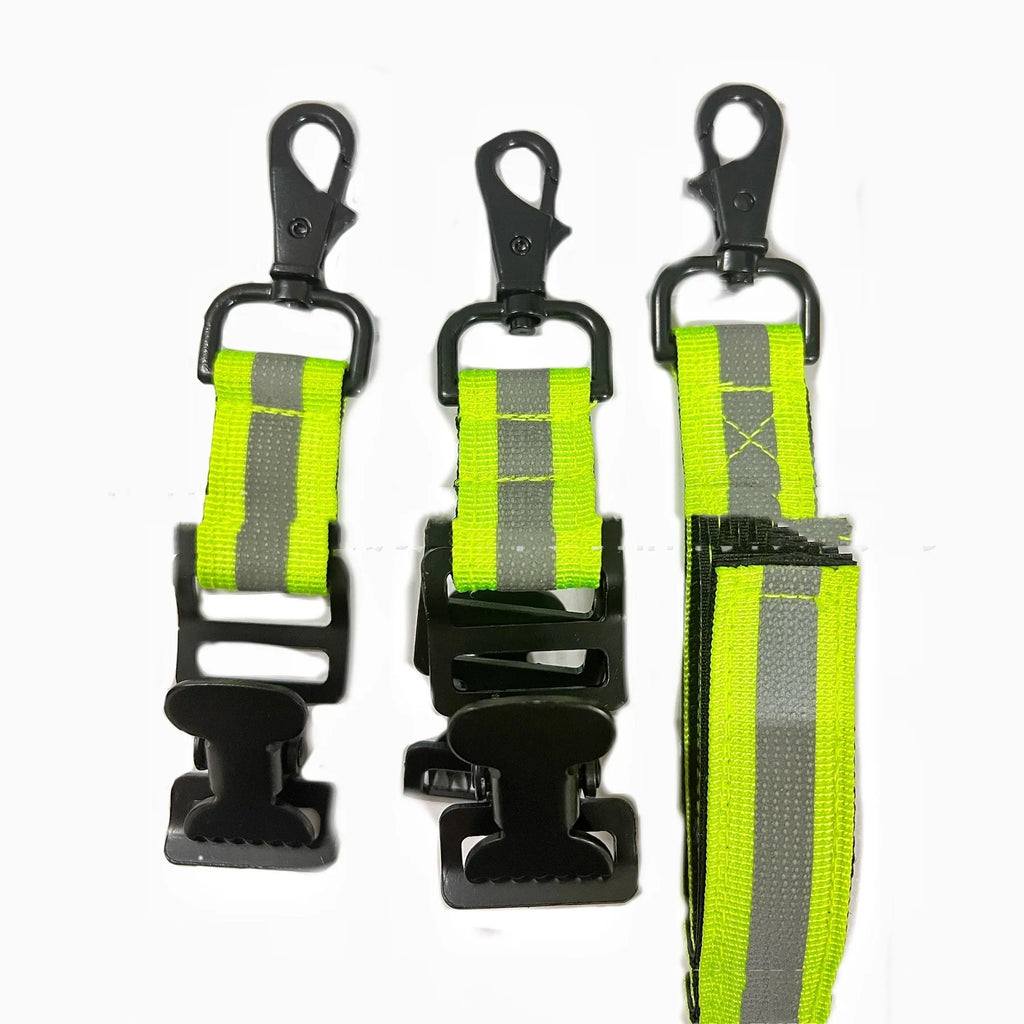 Fluorescent green metal safety clip with reflective nylon lining for securing fireman and work gloves.
