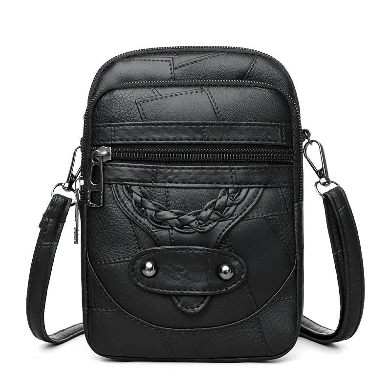 Retro style mobile phone bag in soft PU leather with weaving patterns and rivet detailing in four colour options