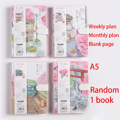 Open A5 wire-bound retro handbook showing full-colour illustrations, with a pen placed alongside.