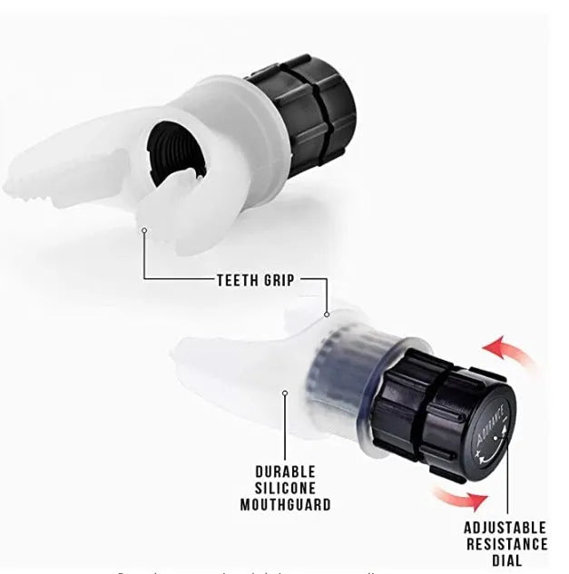 White and black silicone breathing trainer respirator with adjustable resistance dial for lung exercise