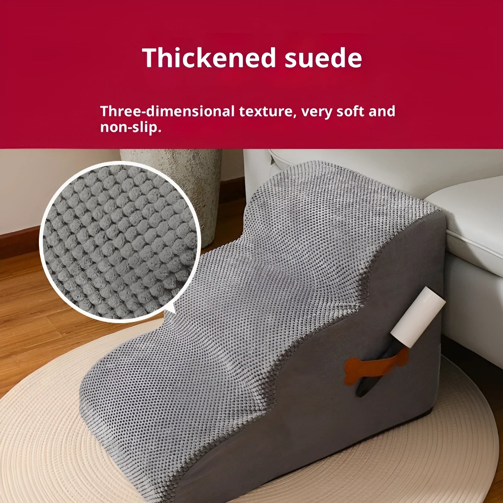 Gray sloped pet stairs for cats and small dogs with removable washable cover, three-level size