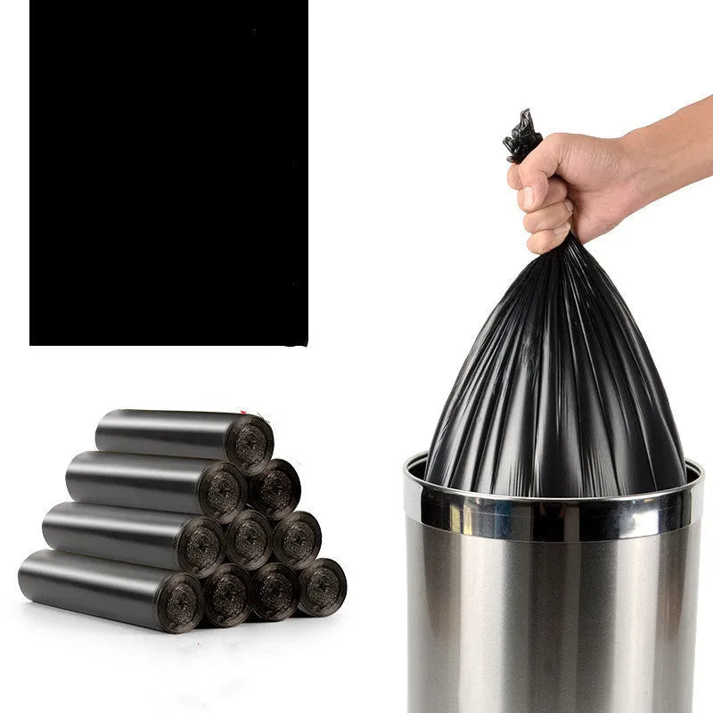 Roll of thickened black plastic bin bags showing 50x60cm dimensions and flat-mouth opening design