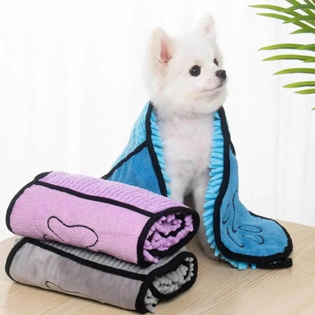 Blue pet bath robe towel for dogs and cats, showing quick-dry absorbent fabric