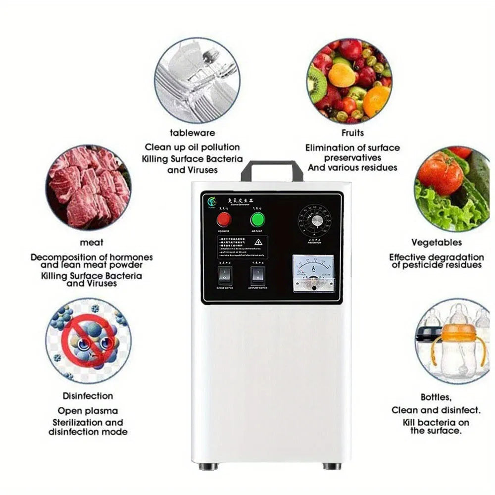 Countertop ozone generator for cleaning fruit and vegetables in stainless steel or white finish.