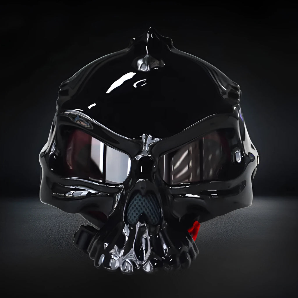 Skull artwork motorcycle helmet with reversible double-sided design in red colour
