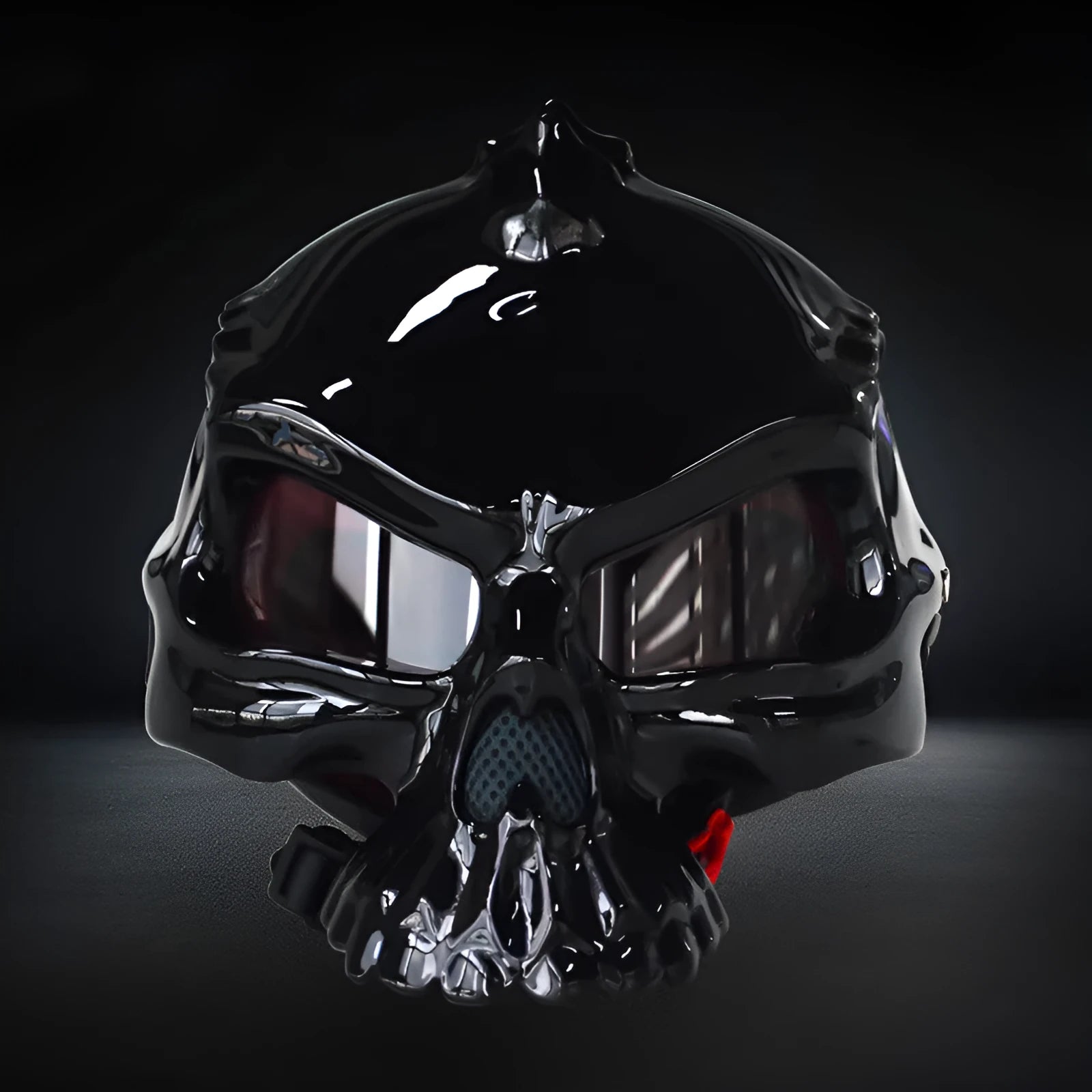Skull artwork motorcycle helmet with reversible double-sided design in red colour