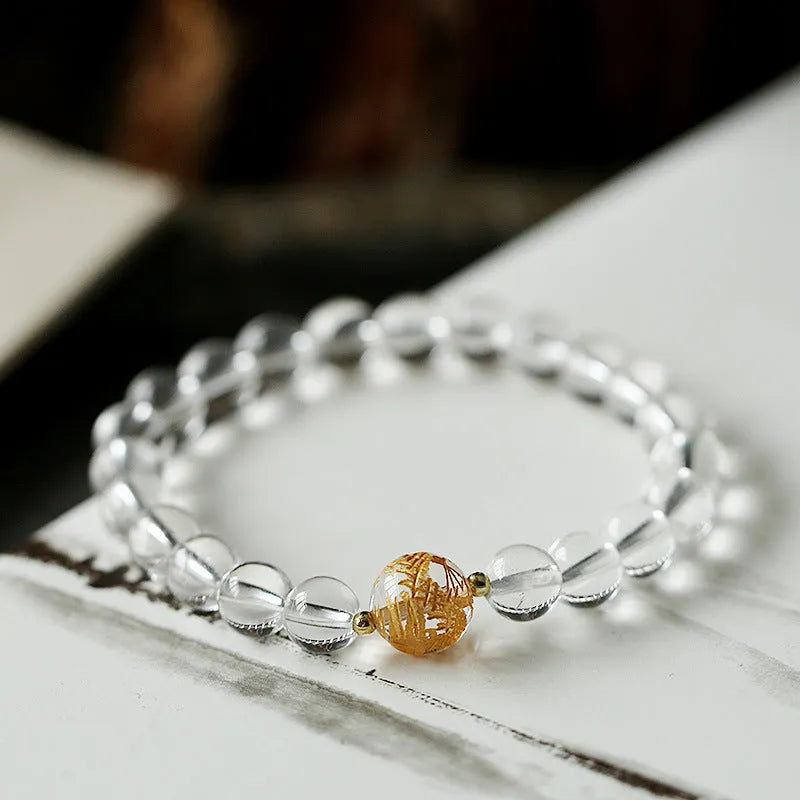 Geometry bracelet with obsidian and white crystal beads, dragon charm, adjustable 14-16cm wrist