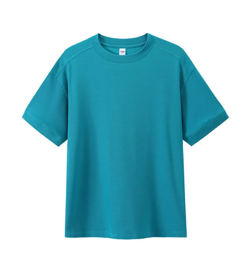 Breathable cotton pique short-sleeved T-shirt in a loose pullover style on a solid colour background.