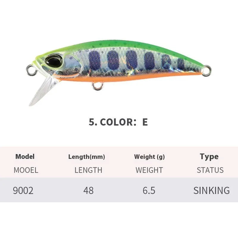Tossing Japanese Submerged Mino hard fishing lure in multiple colours, showing 48mm size and detailed minnow shape.