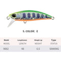 Tossing Japanese Submerged Mino hard fishing lure in multiple colours, showing 48mm size and detailed minnow shape.