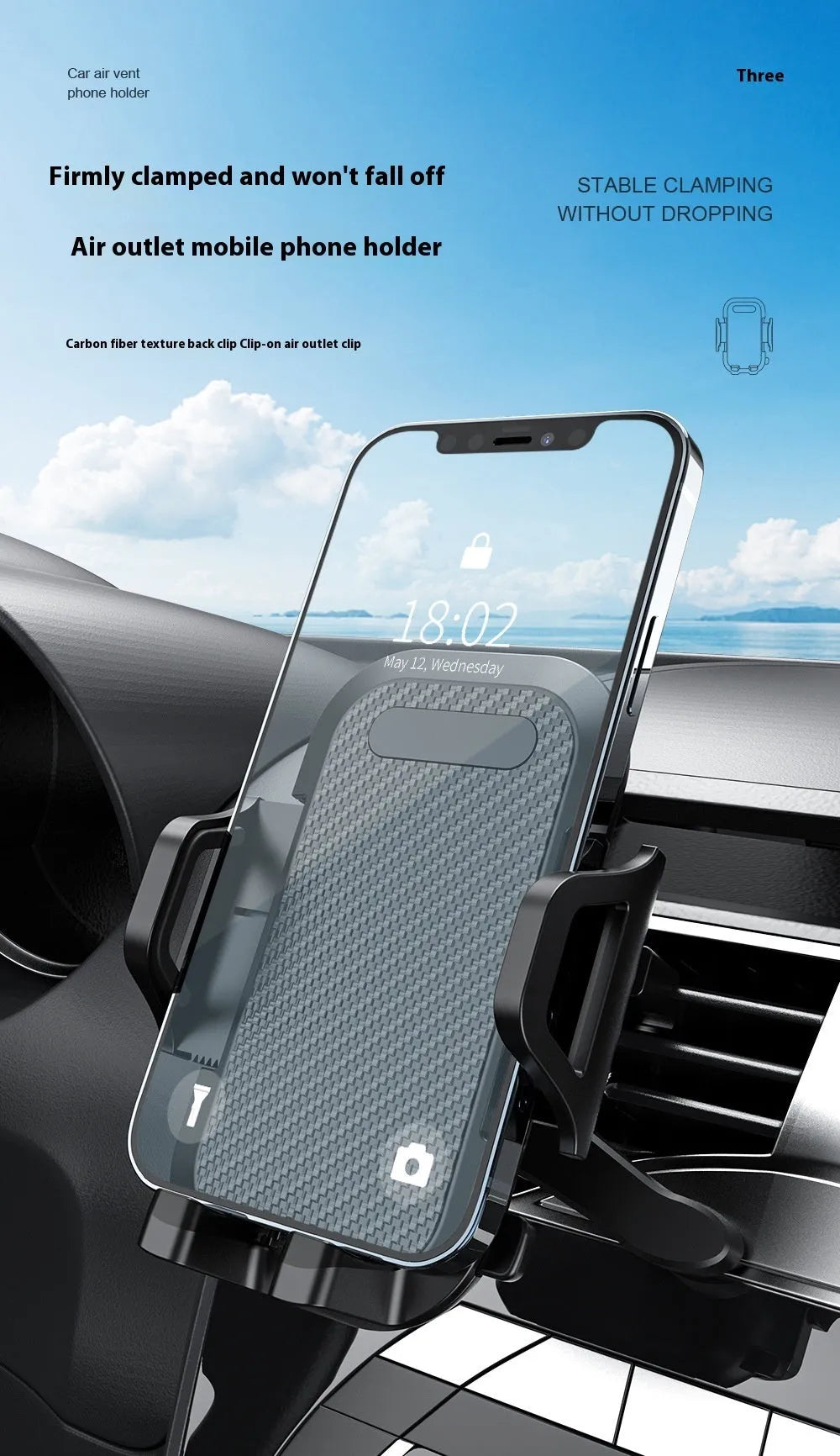 Black carbon fibre car vent mobile phone bracket mounted on vehicle air vent