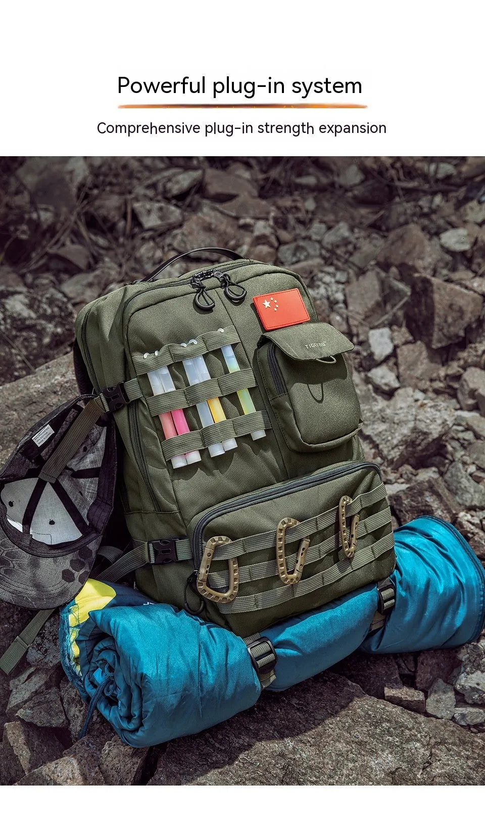 Army green 17-inch tactical backpack with waterproof nylon construction and 20-35 litre capacity
