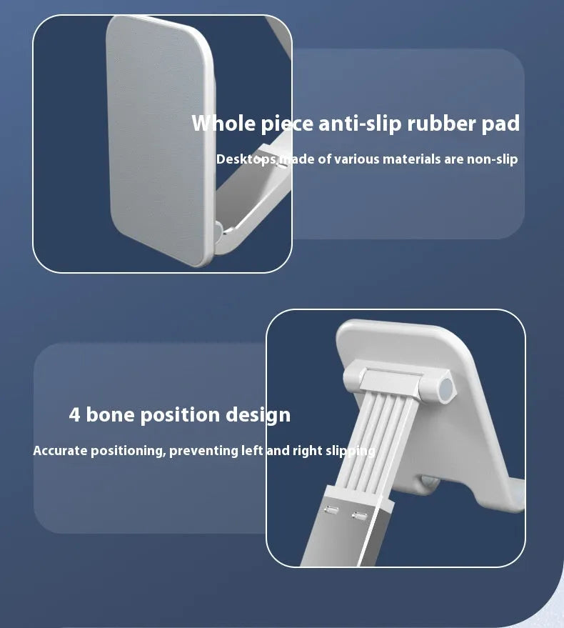 Foldable universal phone holder in black or white for bedside and desktop use