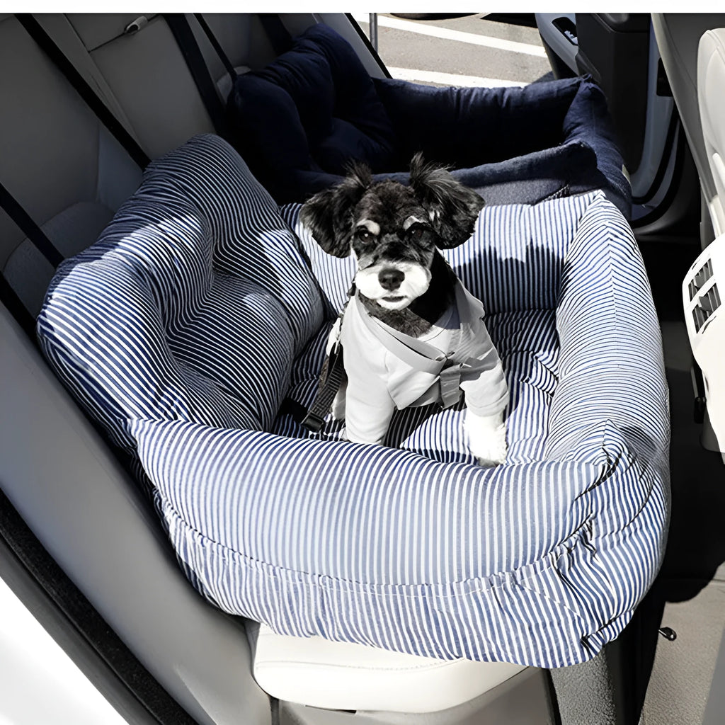 Canvas pet car seat cushion in stripe colour, available in medium 50x45x36cm and large 60x50x36cm sizes on a car seat.