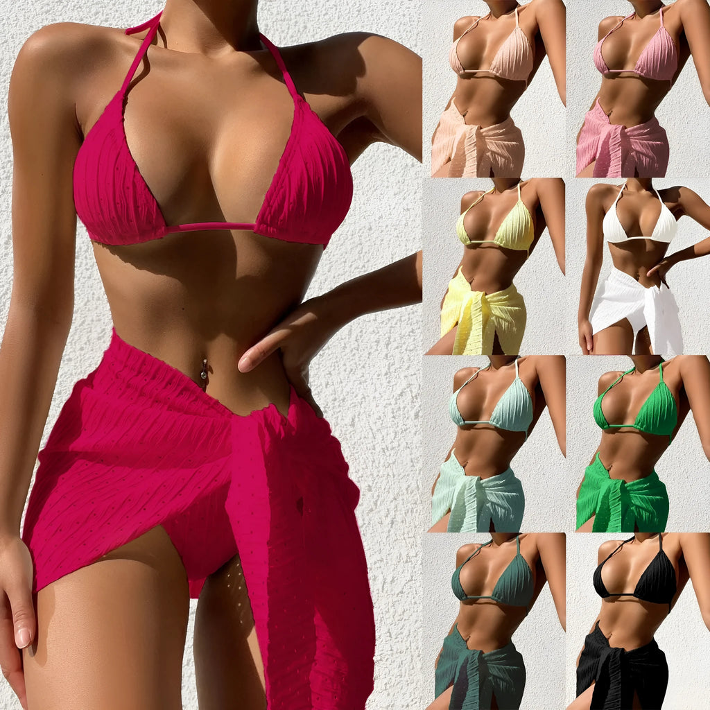 Women's halterneck bikini set with mesh skirt in a solid colour