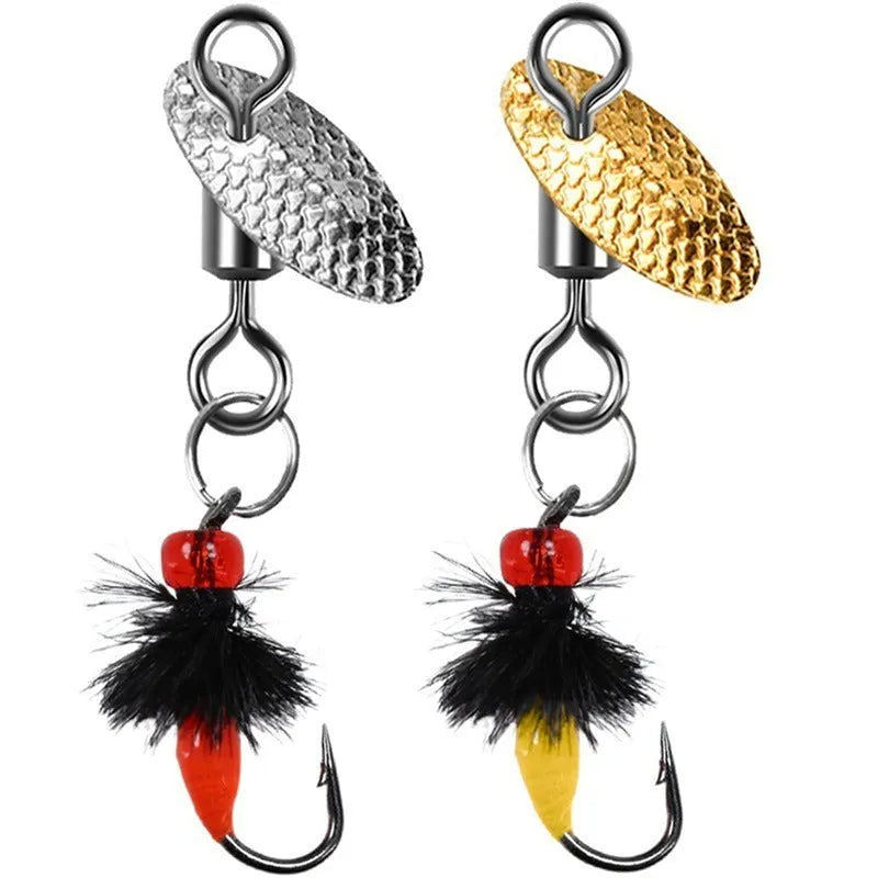 Five multicolour fishing hooks with poisonous mosquito and fly patterns and spinning sequins