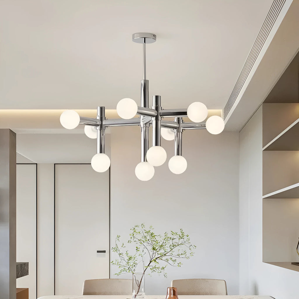 Nordic style chandelier with chrome finish, wrought iron frame, glass and aluminium details, 10 or 13 heads for restaurant or living room